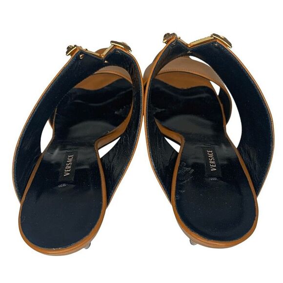 Versace Virtus Brown Leather Mules Heels Gold V Logo EU 39.5 Made in Italy - Picture 10 of 12
